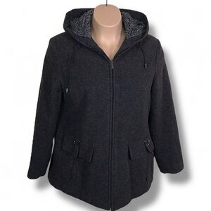 XL Vintage Covington Dark Grey Wool Coat Hooded Fix Fur Lined Classic Zip